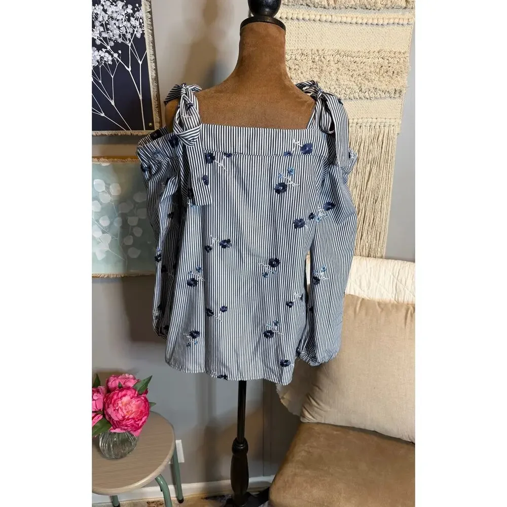 NWT Michael Michael Kors Embroidered Stripe Cold Shoulder Blouse Size Small